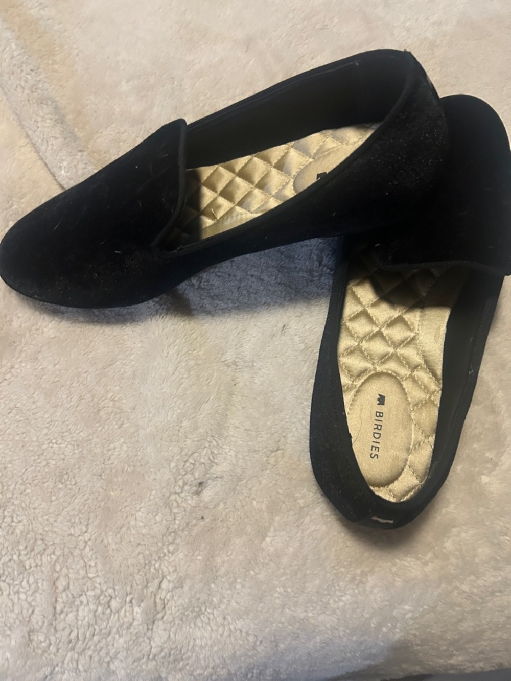 Birdies Black Velvet Quilted-Insole Loafers